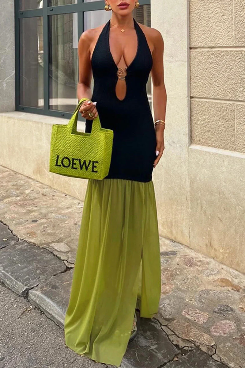Backless Halter Maxi Dress with High SlitClistos