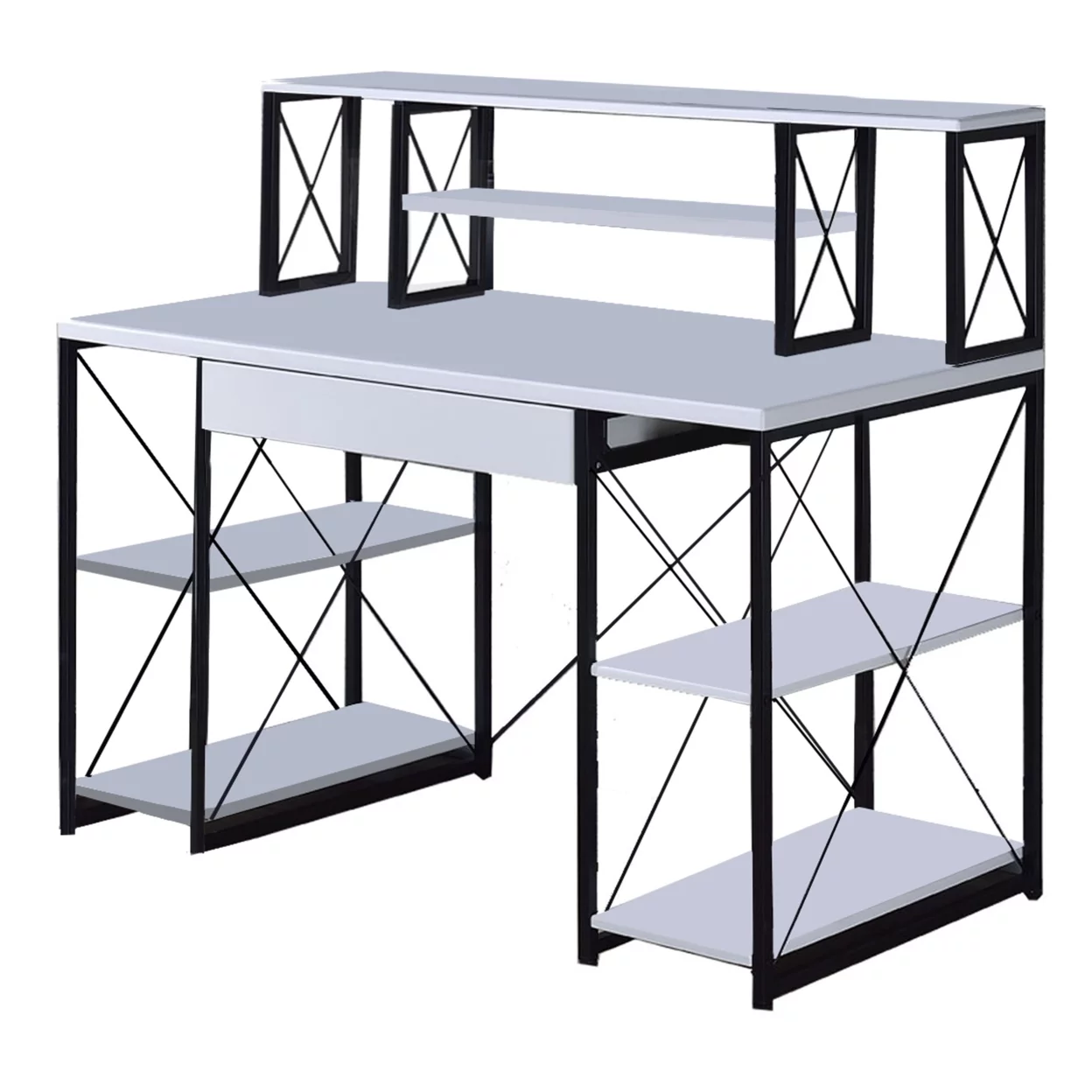 Industrial Style Desk with 4 Open Selves and Bookcase Hutch, White- Saltoro Sherpi
