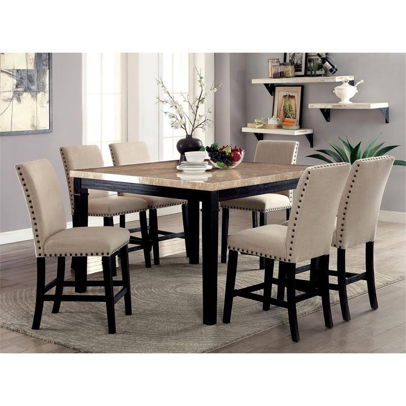 Furniture of America Larns Black Wood Counter Height Table with Faux Marble Top