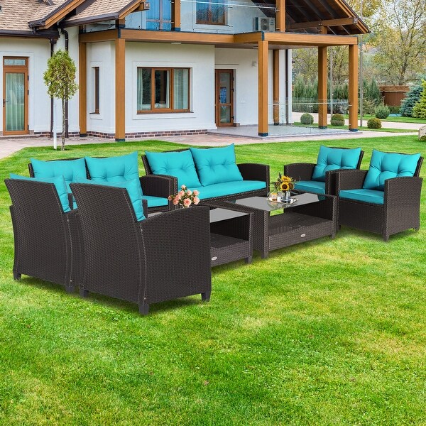 Costway 8 PCS Patio Rattan Furniture Set Glass Table Shelf Sofa