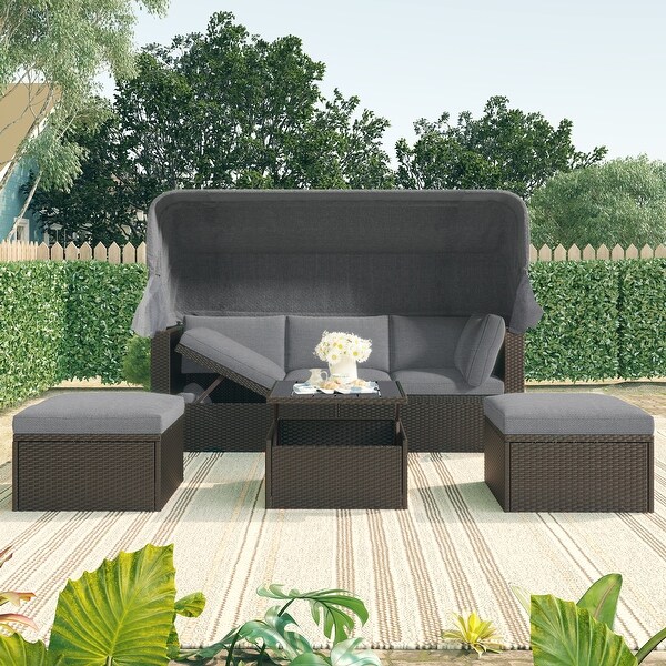 Roomfitters Outdoor Patio Rectangle Daybed with Retractable Canopy,Wicker Sectional Seating with Washable Cushions