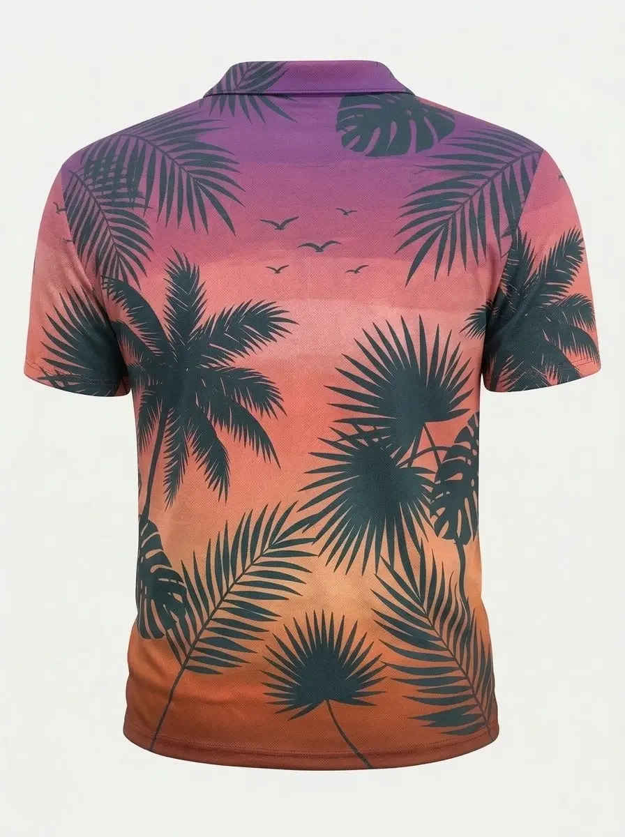 Moisture Wicking Golf Polo 3D Sunset Palm Tree Button Short Sleeve Golf Polo Shirt