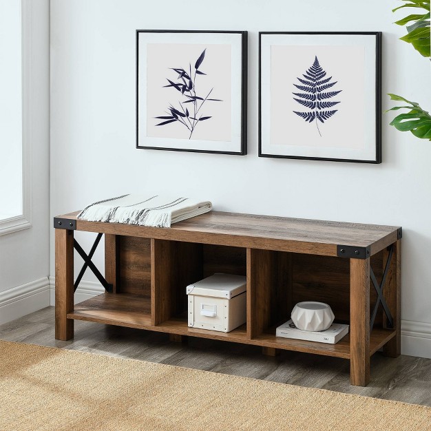 Sophie Rustic Industrial X Frame Entry Bench With 3 Cubbies Saracina Home
