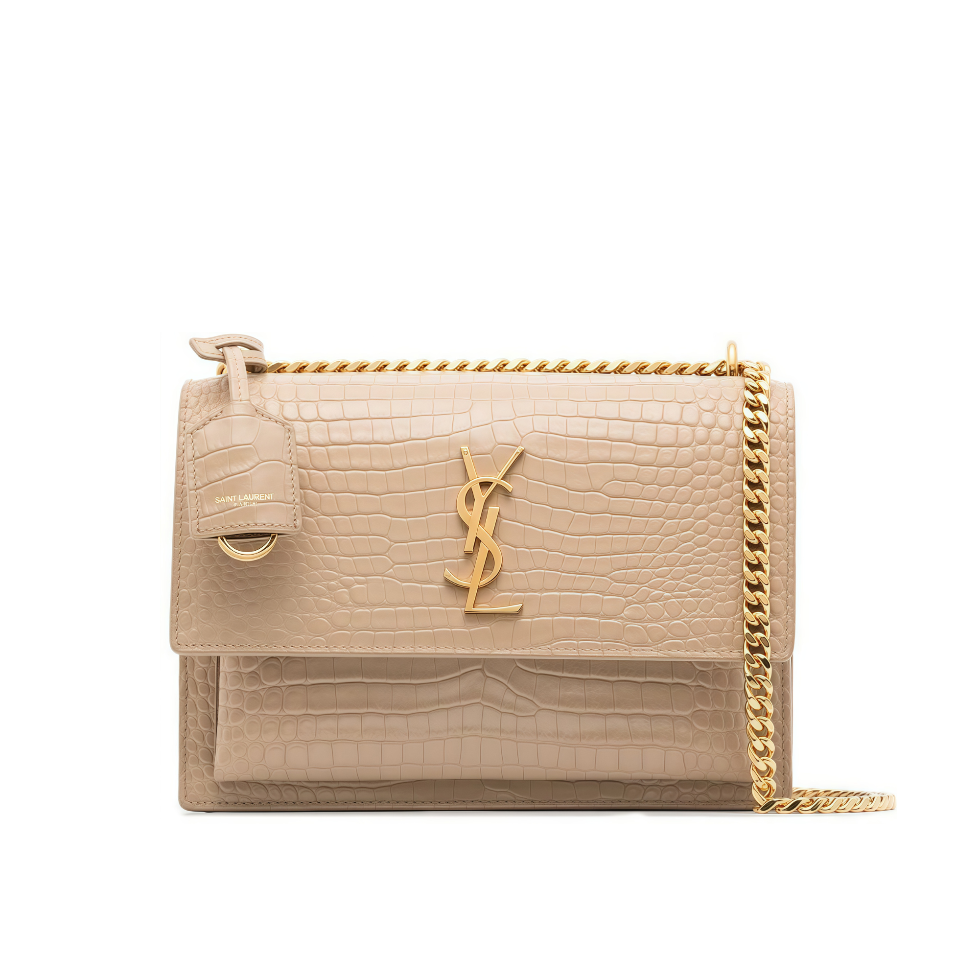 Saint Laurent Sunset Medium Chain Bag In Crocodile Embossed Shiny Apricot 22Cm