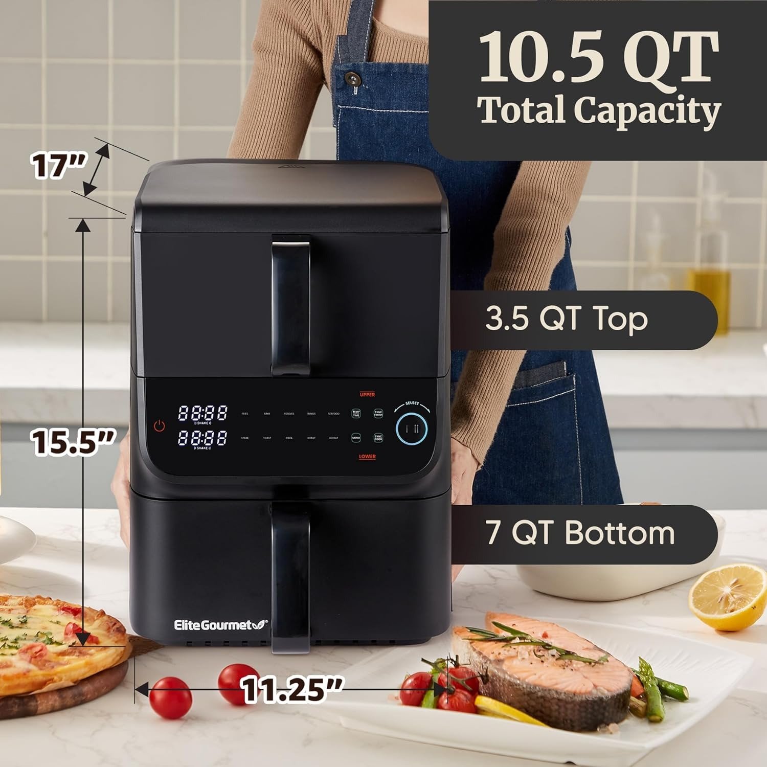10.5QT Dual Stacked Air Fryer, Sync Cook & Finish, 10 Presets, PFAS-Free Nonstick Baskets, 1700W, Rapid Air Circulation, Black