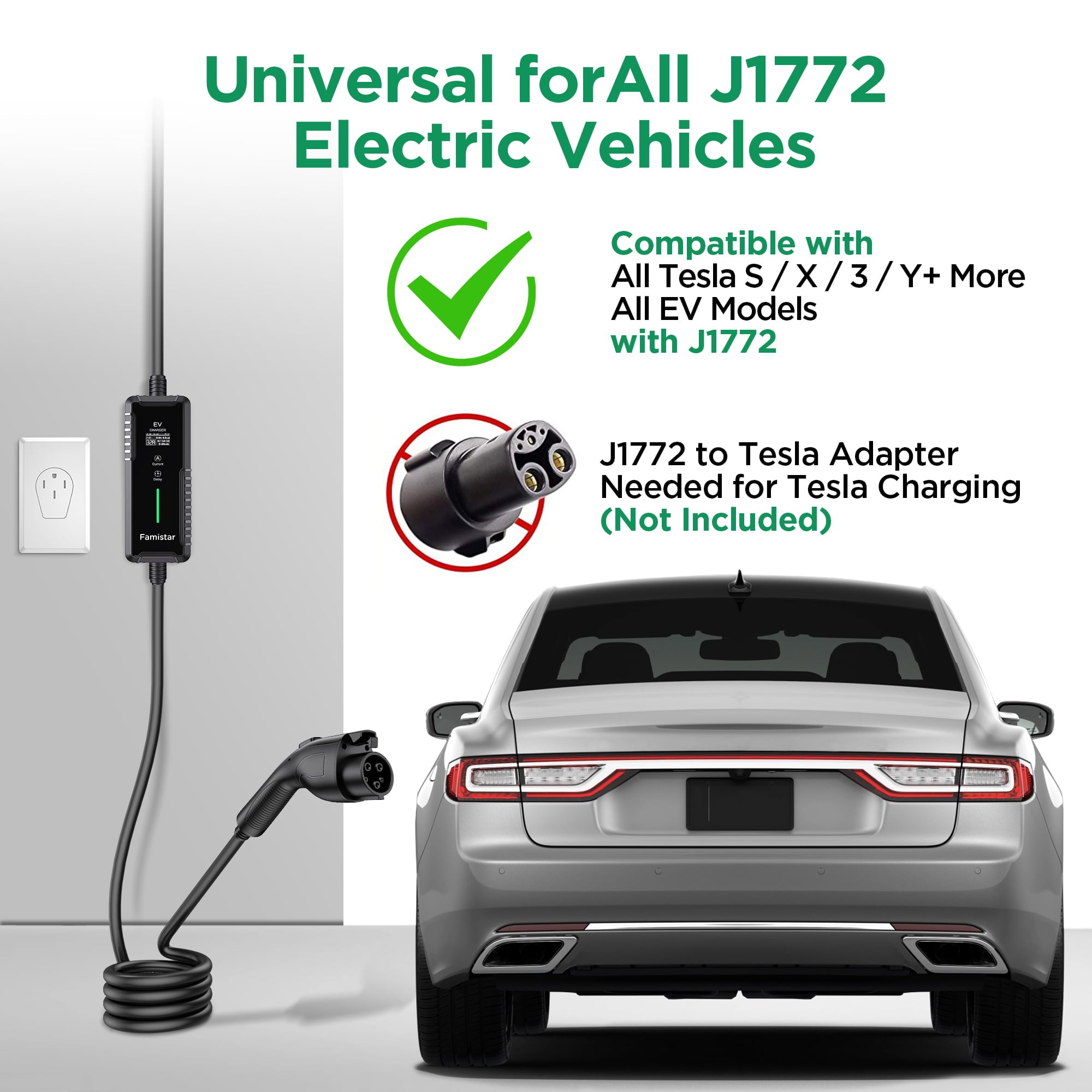 Famistar EV Charger, Level 2 Portable Electric Vehicle Car Charger Charging Station, 14-50 Plug, 32 Amp, 100-240V, 25FT Model, IP65 Waterproof, 0.96” LCD Screen, UL Recognized, for SAE J1772 EV