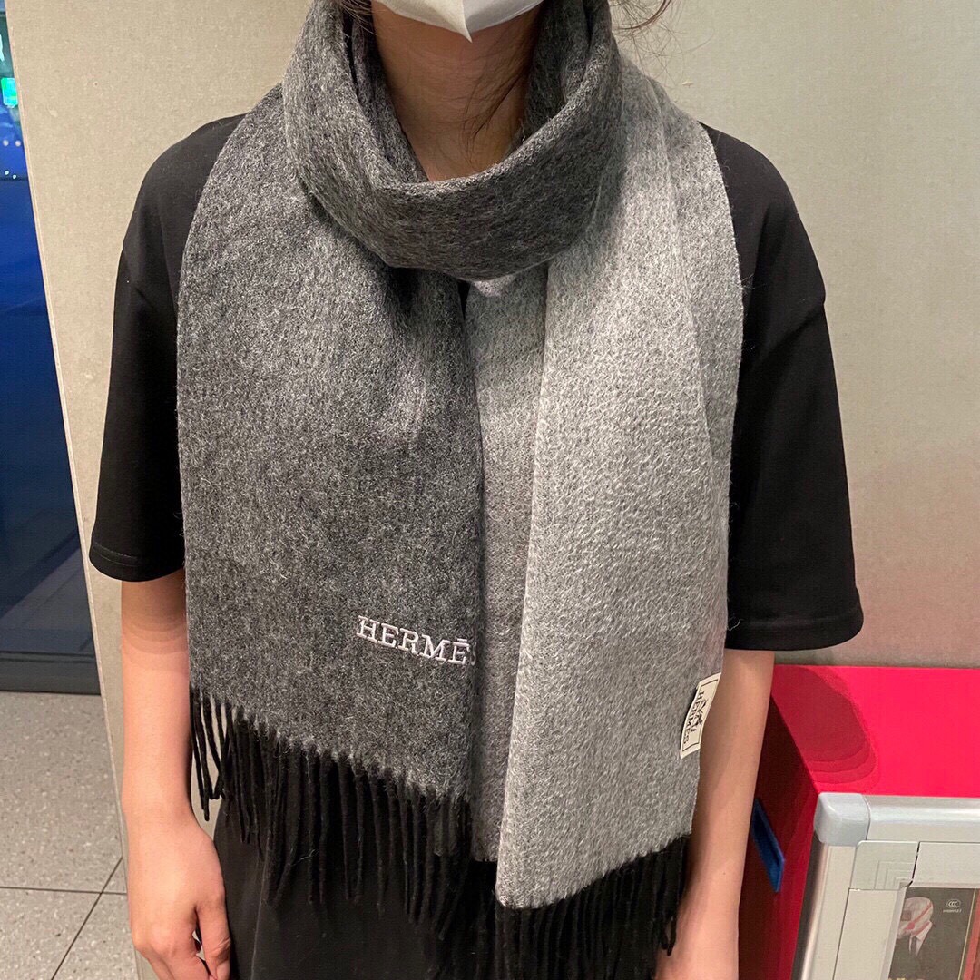 Hermes Cashmere Scarf Colorblock Gray For Women 180cm