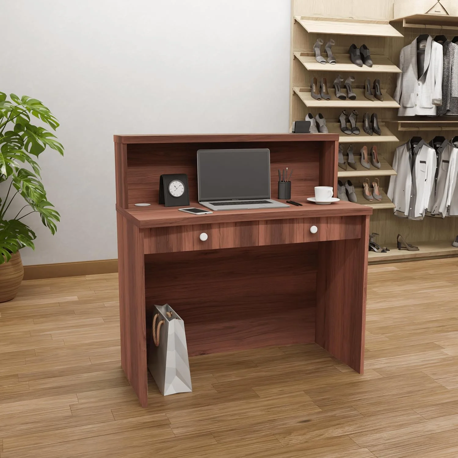 Mono Walnut Modern Reception Desk W/Transaction Counter | Laminate Desktop | Multifunctional Standing Front Desk For Home, Office, Salon, Spas, And Lobby (31.5 Inch (80 Cm)