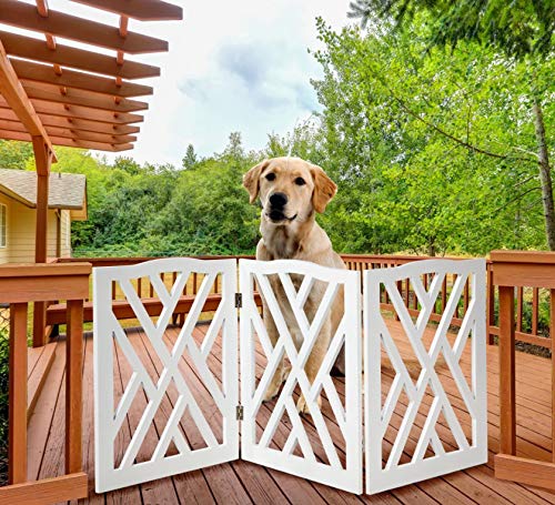 KOVOT Wood Freestanding Foldable Adjustable 3-Section Pet Gate with White Lines Design | Measures 19