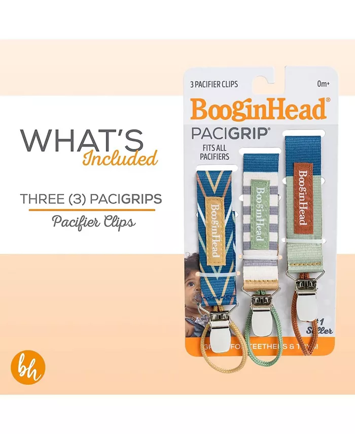 Booginhead Pacifier Clip Baby Pacifier Holder PaciGrip 3-Pack, Geometric Blue