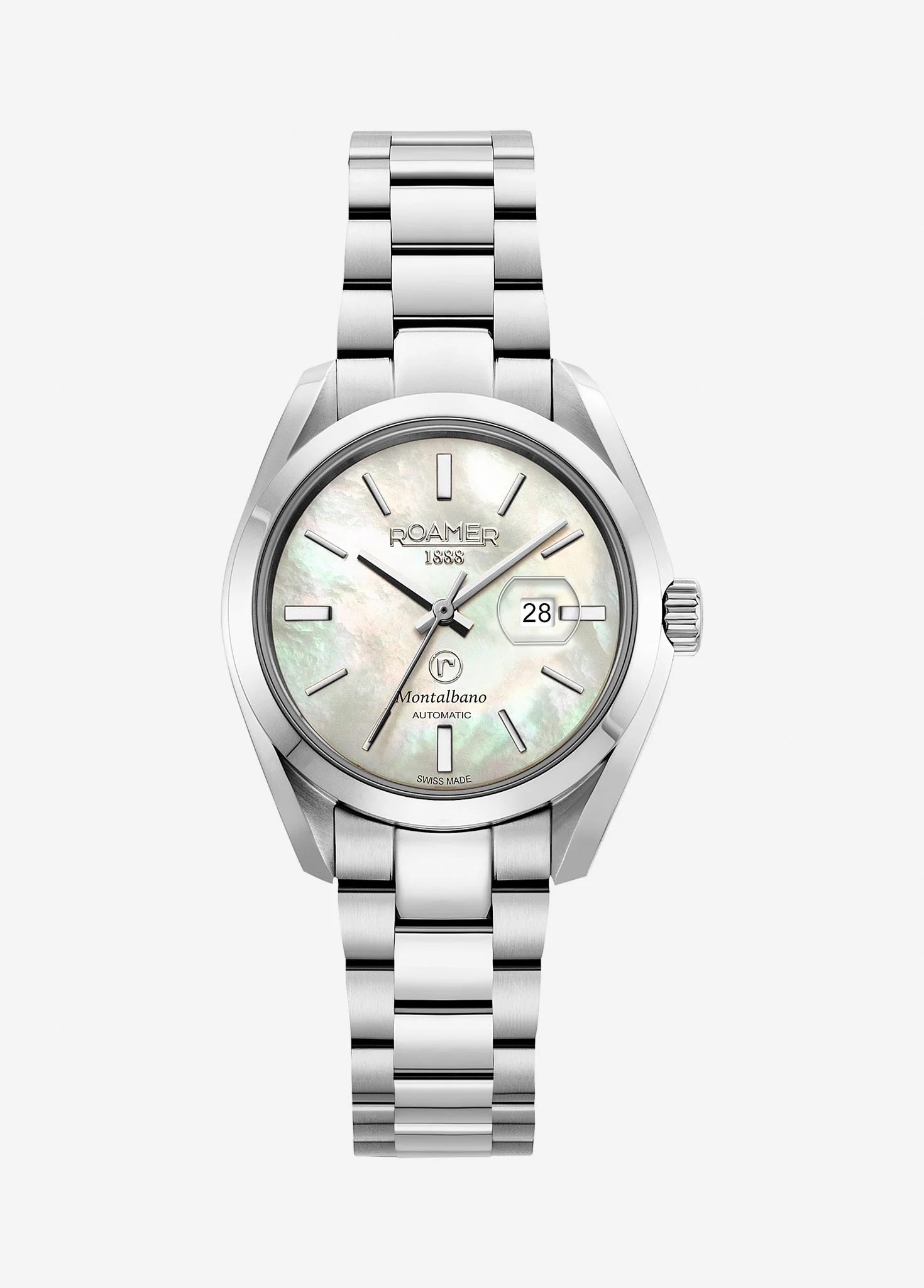 Montalbano Ladies 31mm Automatic Three-Hand Date White MOP Dial Silver Bracelet Sapphire glass Stainless Steel swiss watch