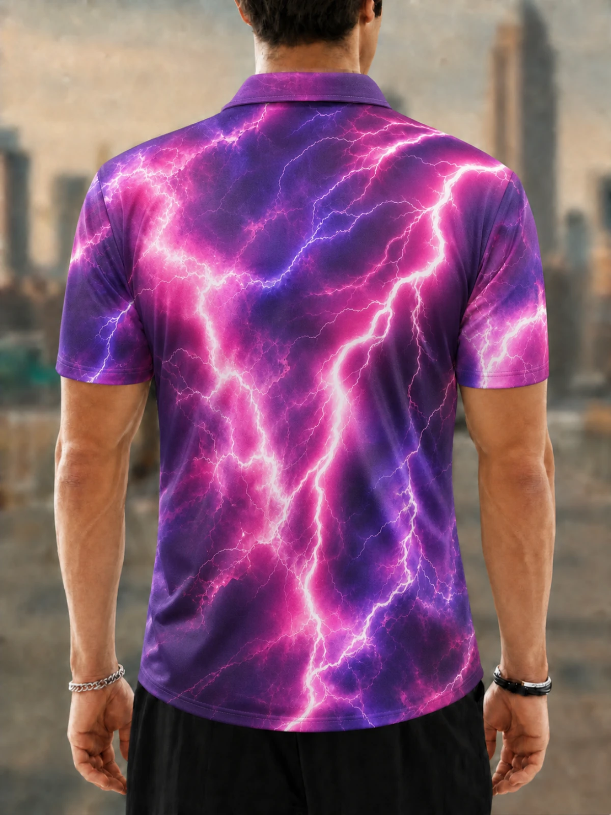 Moisture Wicking Golf Polo 3D Magenta Purple Lightning Storm Button Short Sleeve Golf Polo Shirt
