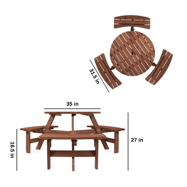 6Person Circular Wooden Picnic Table w/ Umbrella Hole,3 Benches