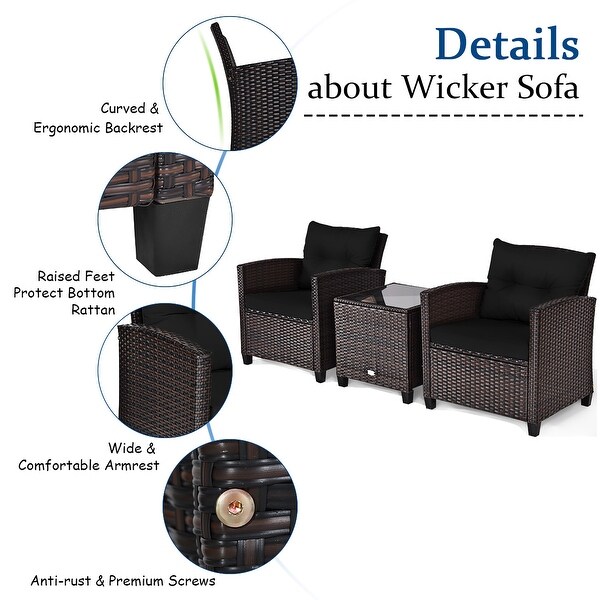 Costway 3PCS Patio Rattan Furniture Set Cushioned Conversation Set