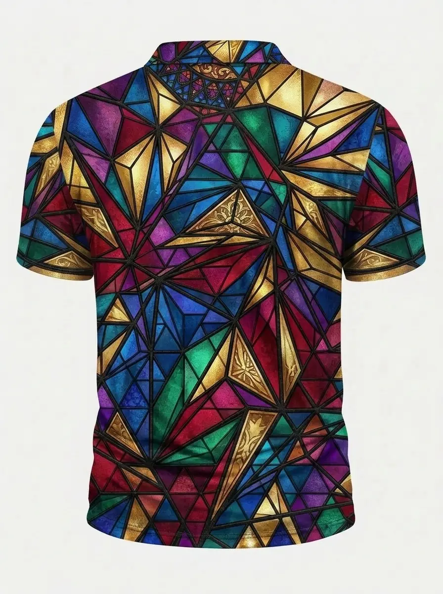 Moisture Wicking Golf Polo 3D Multicolor Stained Glass Button Short Sleeve Golf Polo Shirt