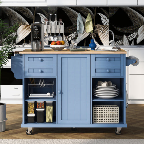 Kitchen Island, Trolley Cart Utility Cabinet on Wheels with Storage, Spice Rack with Drawers and Storage Cabinets, Kitchen Island with Rubber Wooden Countertop, Towel Racks, Adjustable Shelves,Blue