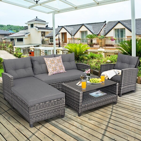 Costway 4PCS Patio Rattan Furniture Set Cushioned Loveseat Table Shelf