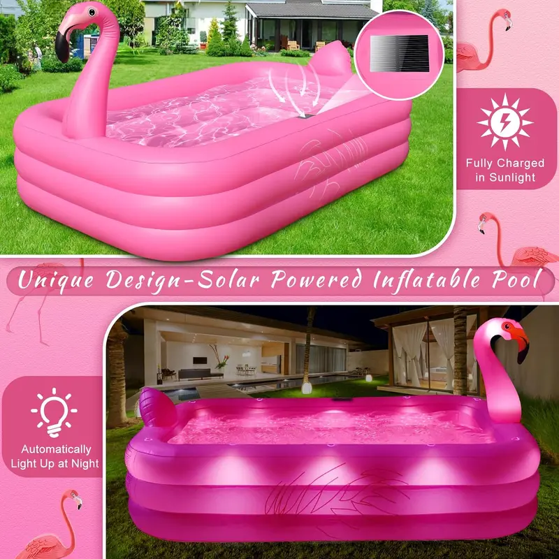Solar-Powered Flamingo Inflatable Pool – 105″ x 65″ x 25″ LED-Lit, Thickened Kiddie & Adult Backyard Splash Pool