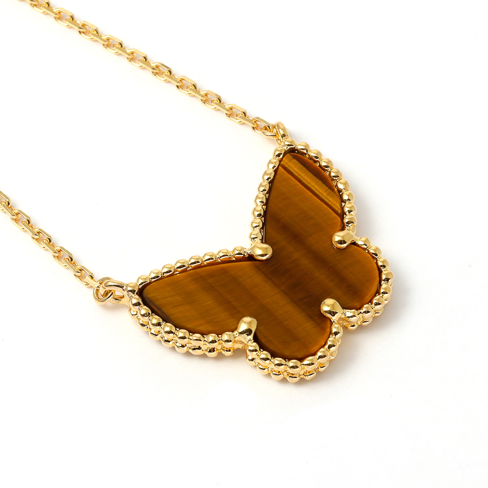 Van Cleef & Arpels Lucky Alhambra Papillon Necklace 18K Yellow Gold Tiger Eye VCARD98500