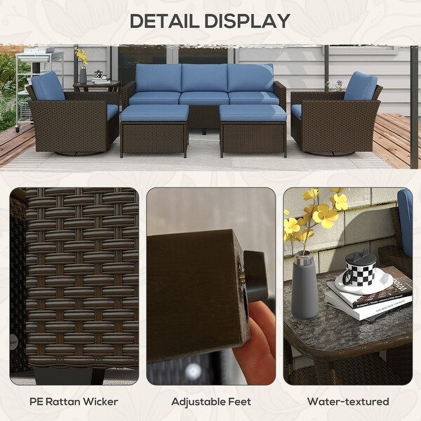 Outsunny 6 Piece Patio Furniture Set with Rattan Threeseater Sofa,Swivel Rocking Chairs,Footstools