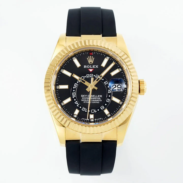 Rolex Sky-Dweller 42mm Gold Case Black Dial Rubber Strap