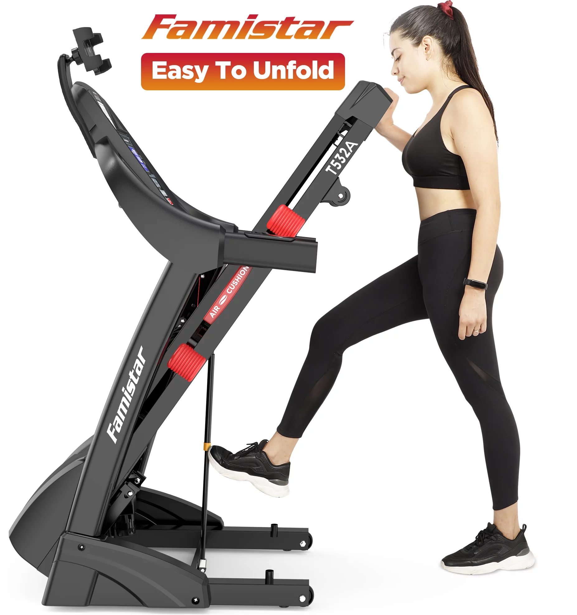 Famistar 4.5HP Portable Folding Treadmill 300 LB Capacity for Home w/ 15-Level Auto Incine, Smart APP Control, HiFi Stereo Bluetooth Speakers, 64 Programs, Up to 10MPH Speed, Knee Strap Gift
