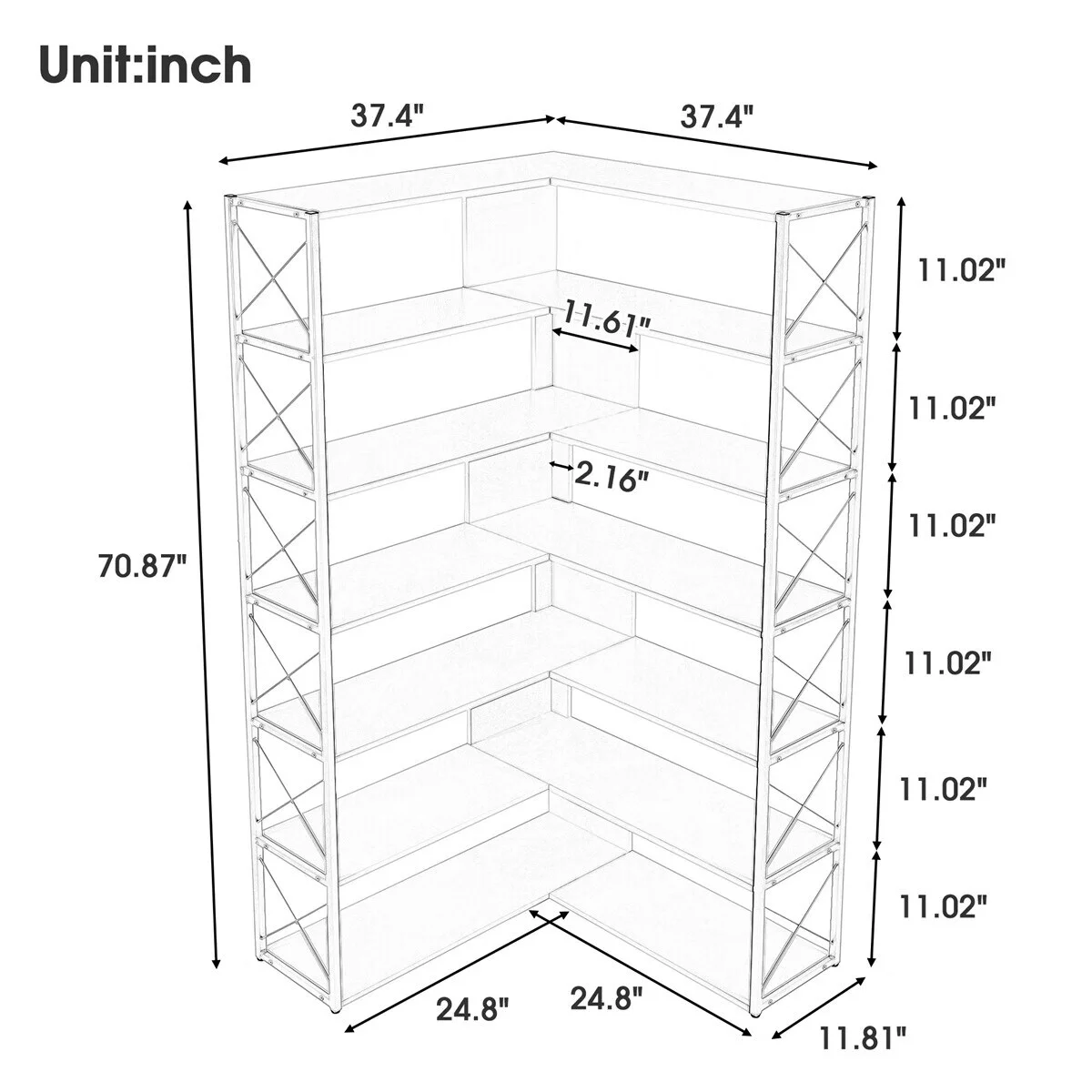 MERAX  L-Shaped 7-Tier Corner Bookcase with Metal Frame Silver Grey