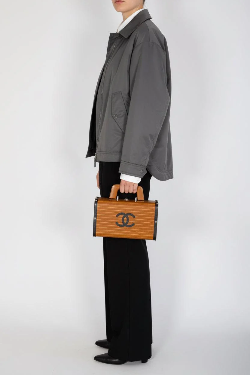 Chanel Wood Vanity Box Bag Brown Wood Black Leather Silver-Tone Hardware