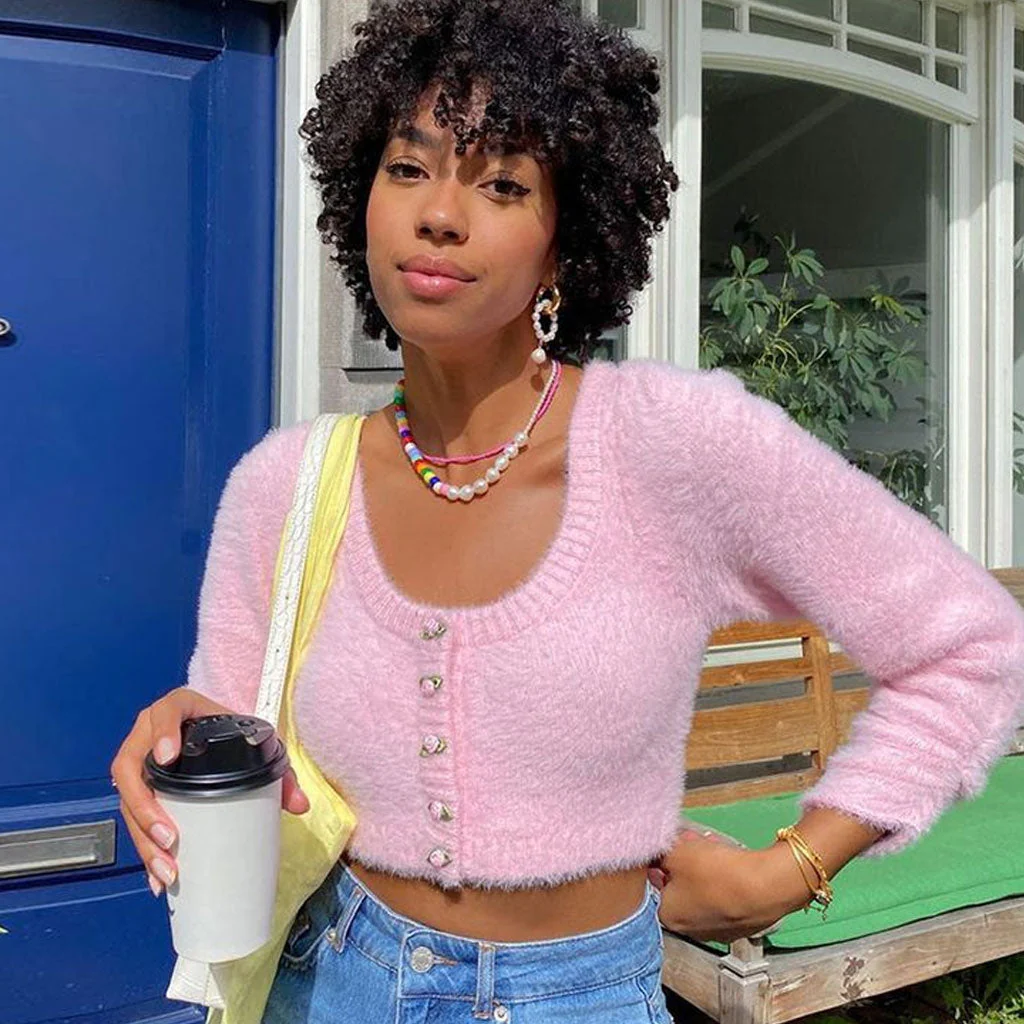 Fluffy Knit Crop Cardigan - Scoop Neck StyleClistos