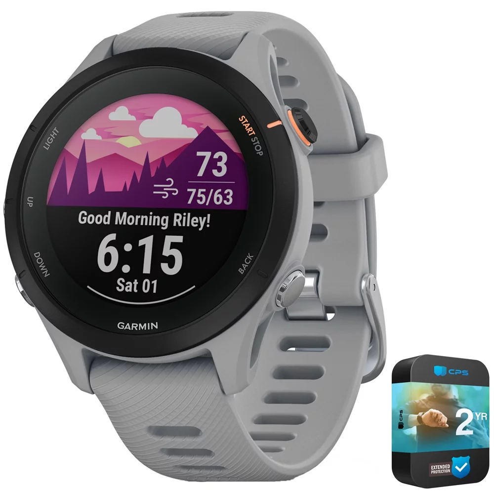 Garmin 010-02641-02 Forerunner 255S GPS Smartwatch Powder Grey Bundle with 2 YR CPS Enhanced Protection Pack