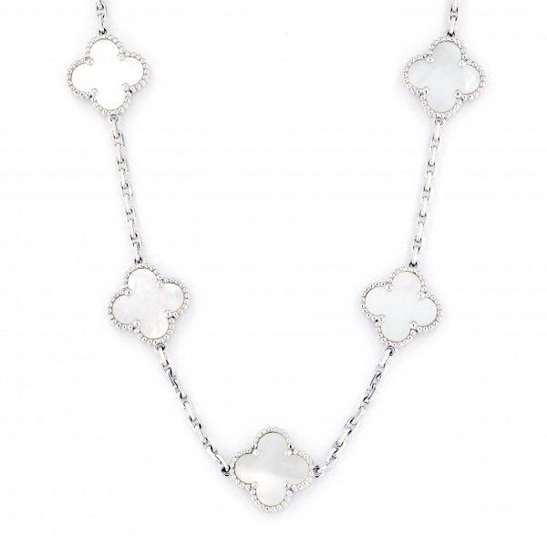 Van Cleef & Arpels Vintage Alhambra Necklace 10 Motifs 18K White Gold Mother of Pearl
