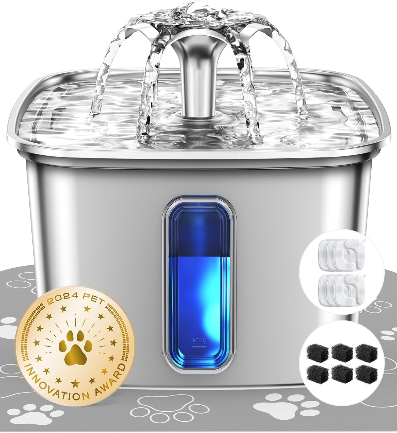 Veken Innovation Award Winner Stainless Steel Cat Water Fountain, 108oz/3.2L Automatic Pet Fountain Dog Water Dispenser with Replacement Filters & Silicone Mat for Cats, Dogs (Tea Green)