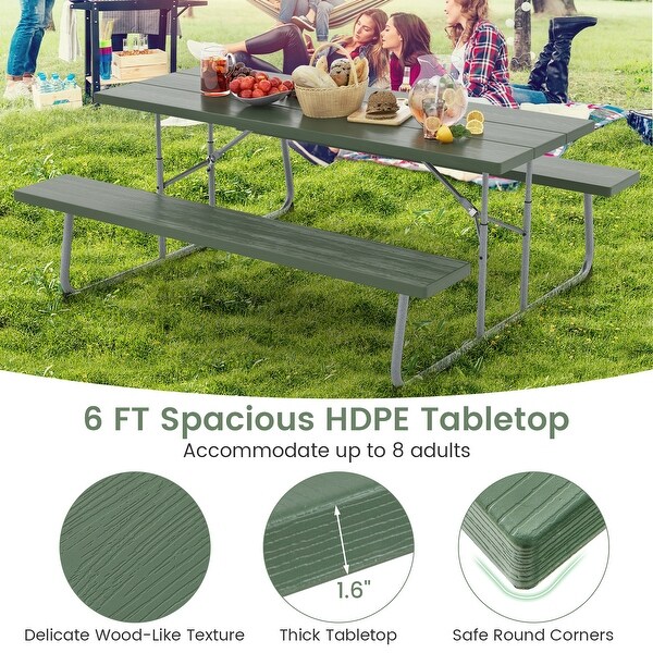 Folding Picnic Table Set with Metal Frame and AllWeather HDPE Tabletop,Umbrella Hole
