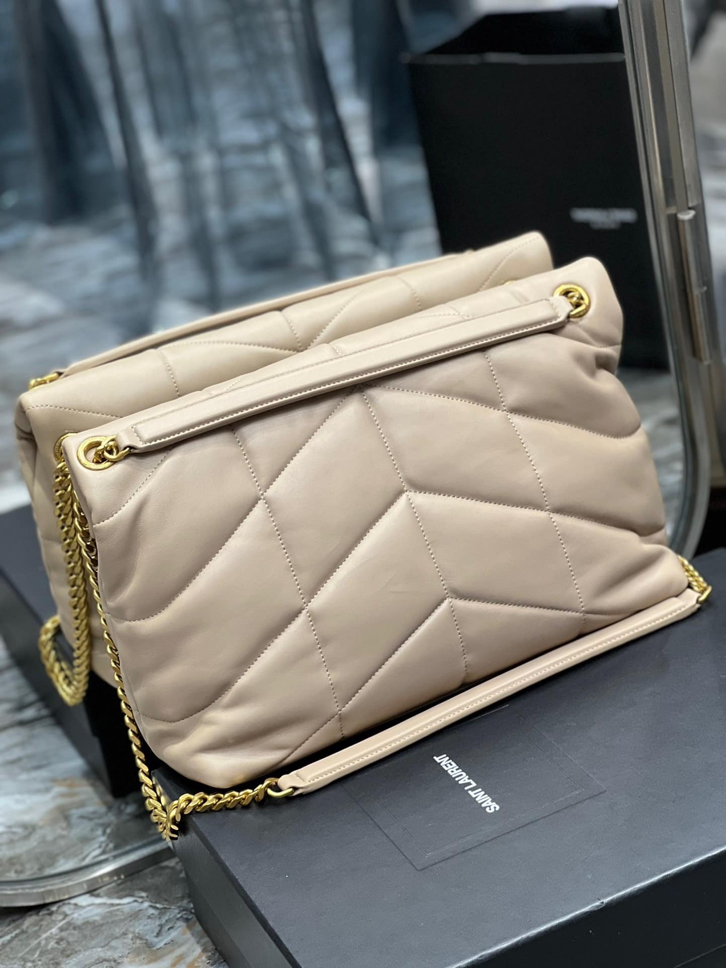 Saint Laurent Puffer Medium Chain Bag In Quilted Beige