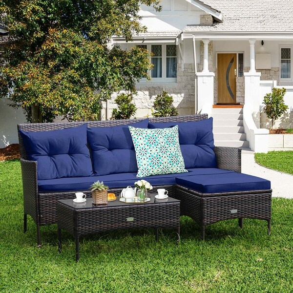 Costway 3PCS Patio Rattan Furniture Set 3Seat Sofa Cushioned Table