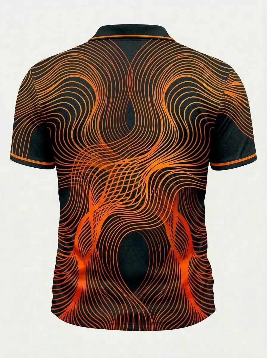 Moisture Wicking Golf Polo 3D Black Orange Wavy Grid Button Short Sleeve Golf Polo Shirt