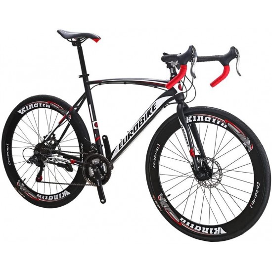 XC550 700C Road Bike 54CM Steel Frame Mechanical Dual Disc Brake Regular Spoke High Rim Wheel 21 Speed Gear System Road Bicycle for Unisex Adult BlackRed