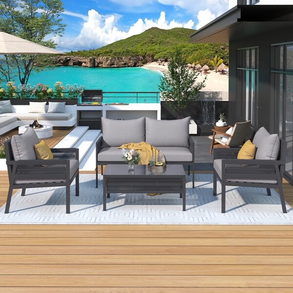 4Piece Rope Patio Furniture Set with Tempered Glass Table