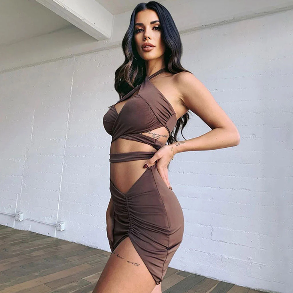 Criss-Cross Halter Crop Top & Drawstring Skirt SetClistos