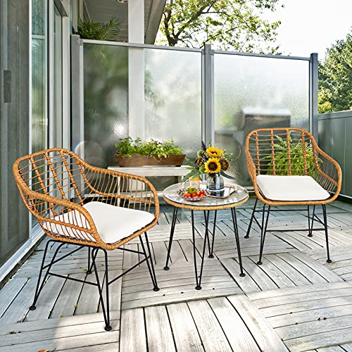 Tangkula 3 Pieces Patio Conversation Bistro Set, Outdoor Wicker Furniture w/Round Tempered Glass Top Table & 2 Rattan Armchairs, Bistro Chat Set w/Seat Cushions for Porch, Backyard, Garden