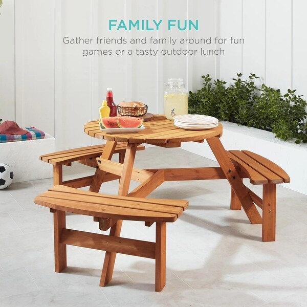 6Person Circular Wooden Picnic Table w/ Umbrella Hole,3 Benches