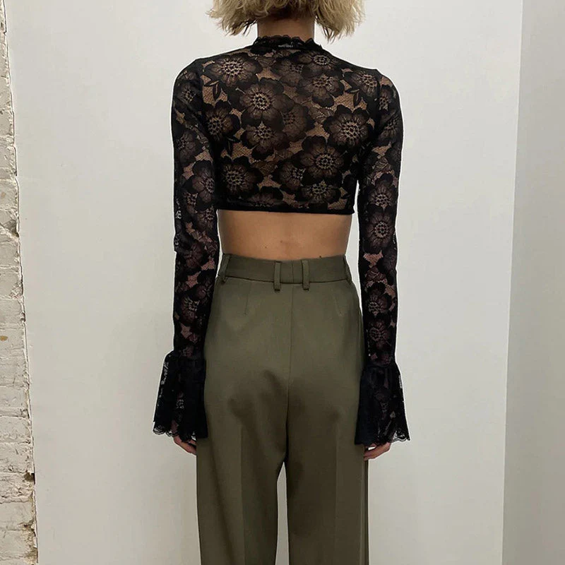 Sheer Lace Mock Neck Flare Sleeve Crop TopClistos