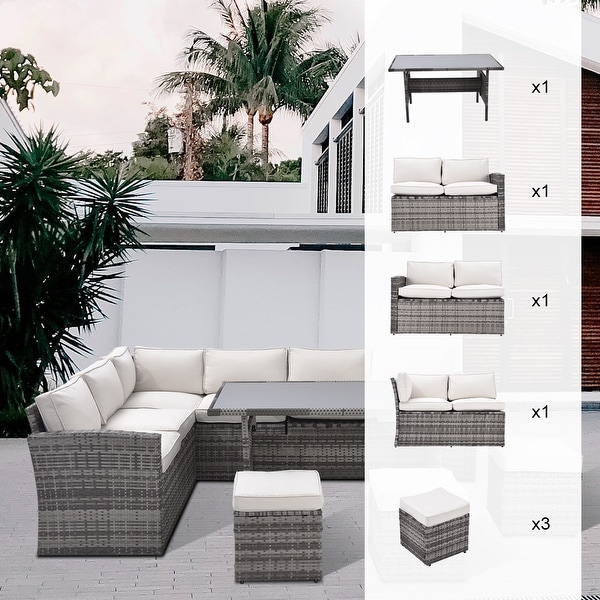 Patio Furniture Set,7 Pieces Sectional Conversation Sofa with Ottomans,All Weather,With Backrest and Removable Cushions