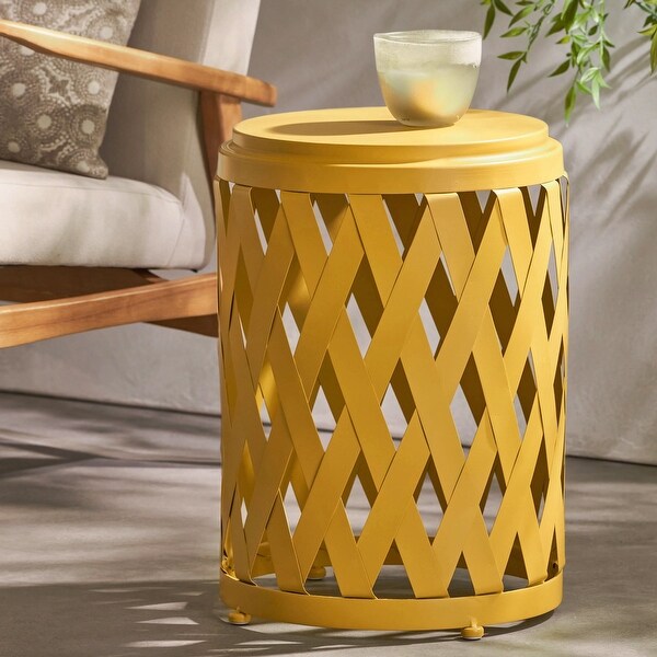 Outdoor 14 Inch Diameter Iron Side Table,Matte Yellow