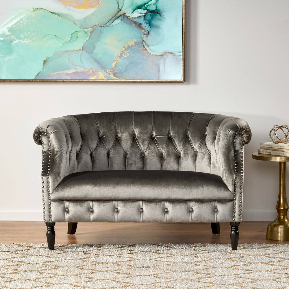 Milani Tufted Scroll Arm Velvet Loveseat by Christopher Knight Home Navy