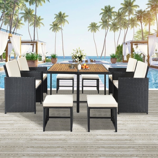 9piece Patio Wicker Dining Table Set with Wooden Tabletop