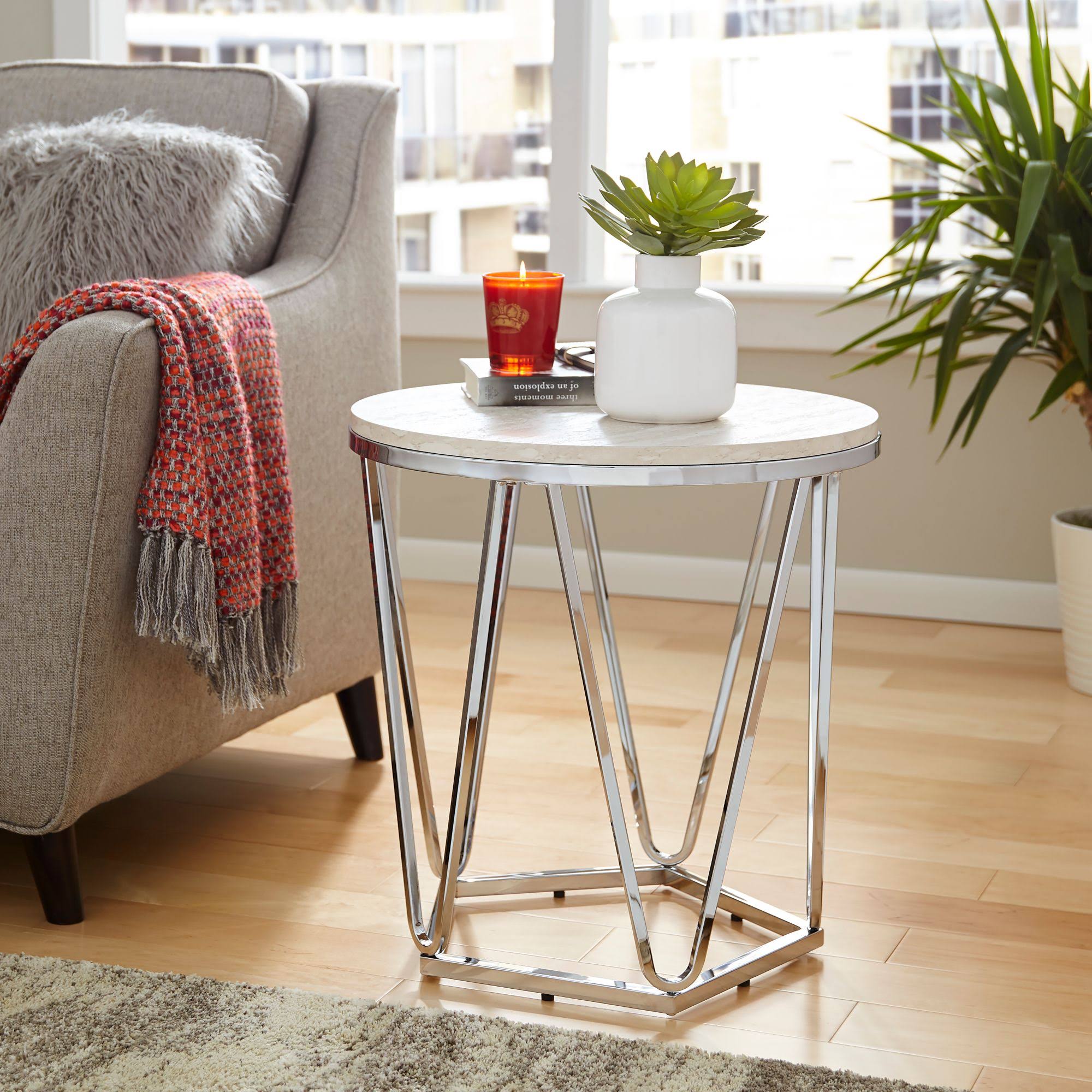 23.25x22 Silver and Ivory Round Glass Top Nesting Side Table
