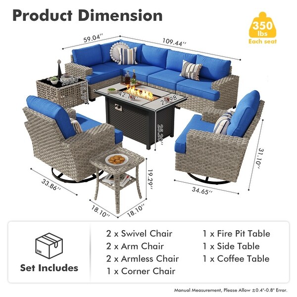 OVIOS 10 Pieces T shaped Seat Wide Armrest Swivel Chair Set With SolarPowered TableandFire Pit