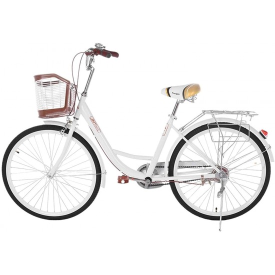 26 Inch Womens Classic Bike, Front Basket, Rear Racks, Retro Bicycle Beach Cruiser Bicycle Retro Bicycle, Road Bike, Seaside Travel Bicycle, Comfortable Commuter Bicycle