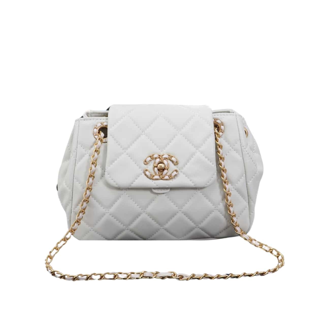 Chanel Mix Accordion Cc Flap Bag Quilted Glazed Calfskin White 23Cm/9in
